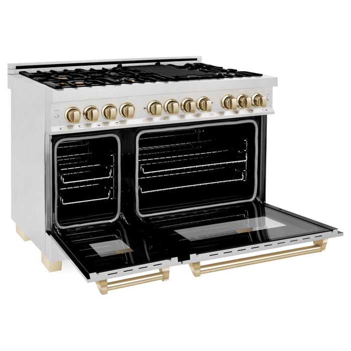 ZLINE Autograph 48 in. Range with Gas Burner and Electric Oven In DuraSnow Stainless Steel with Gold Accents RASZ-SN-48-G