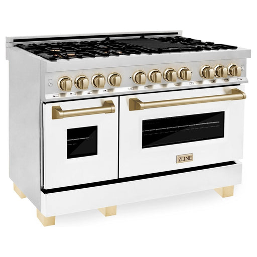 ZLINE Autograph 48 in. Range with Gas Burner and Electric Oven In Stainless Steel and White Matte Door with Gold Accents RAZ-WM-48-G