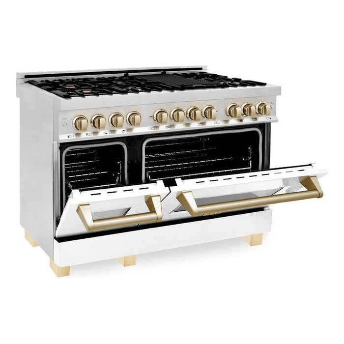 ZLINE Autograph 48 in. Range with Gas Burner and Electric Oven In Stainless Steel and White Matte Door with Gold Accents RAZ-WM-48-G