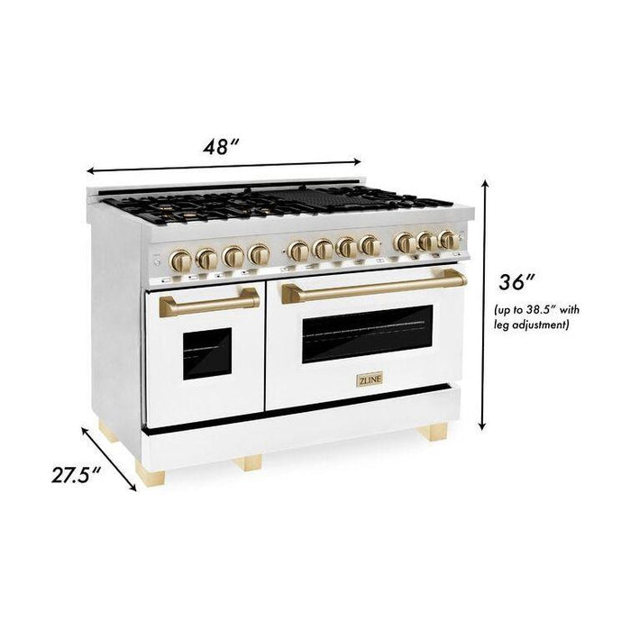 ZLINE Autograph 48 in. Range with Gas Burner and Electric Oven In Stainless Steel and White Matte Door with Gold Accents RAZ-WM-48-G