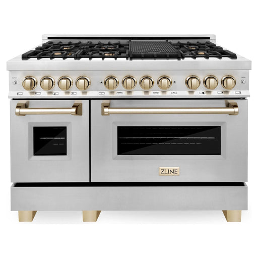 ZLINE Autograph 48 in. Range with Gas Burner and Electric Oven In Stainless Steel with Gold Accents RAZ-48-G