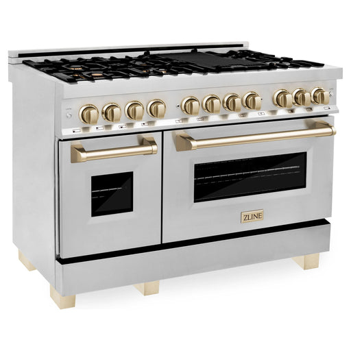 ZLINE Autograph 48 in. Range with Gas Burner and Electric Oven In Stainless Steel with Gold Accents RAZ-48-G