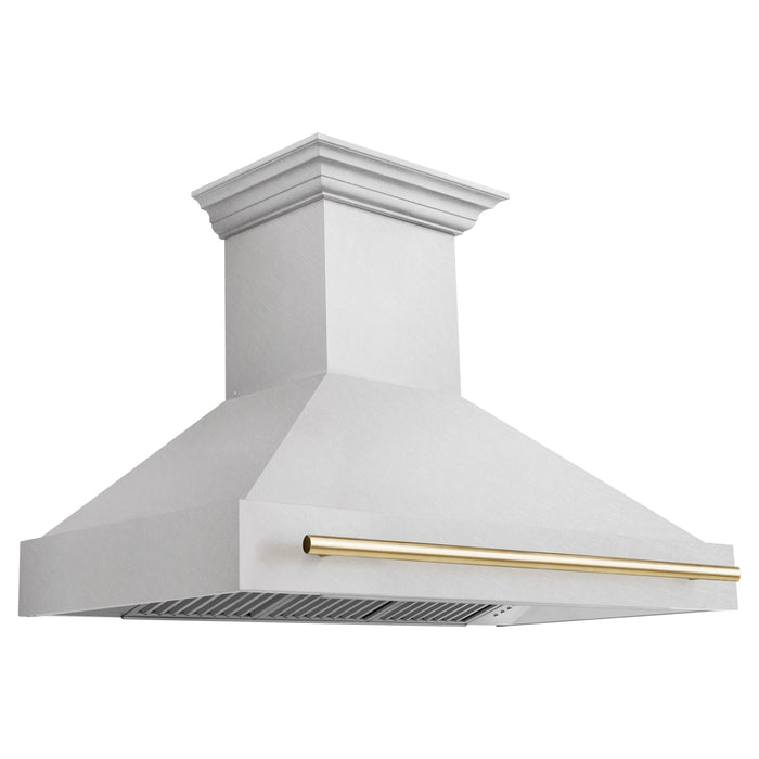 ZLINE Autograph 48 Inch DuraSnow Stainless Steel Range Hood with DuraSnow Shell and Gold Handle 8654SNZ-48-G