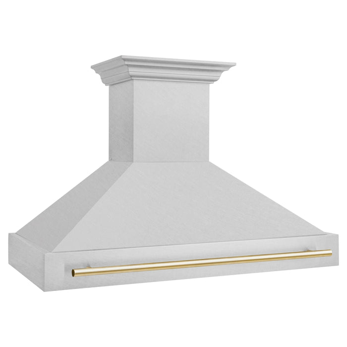 ZLINE Autograph 48 Inch DuraSnow Stainless Steel Range Hood with DuraSnow Shell and Gold Handle 8654SNZ-48-G