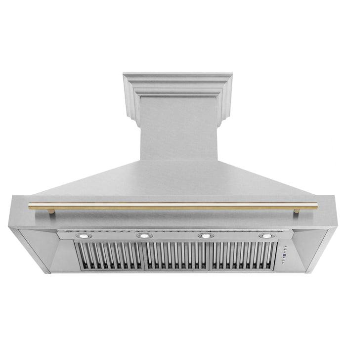 ZLINE Autograph 48 Inch DuraSnow Stainless Steel Range Hood with DuraSnow Shell and Gold Handle 8654SNZ-48-G