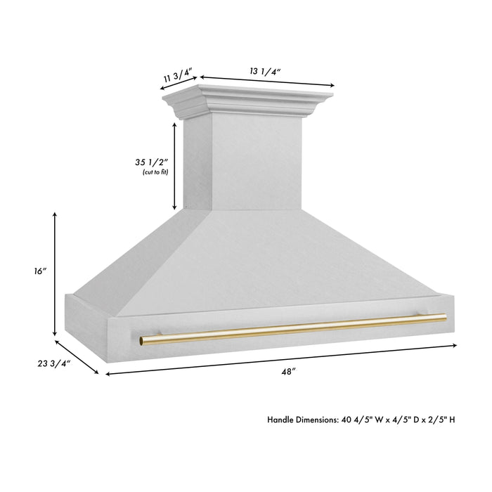 ZLINE Autograph 48 Inch DuraSnow Stainless Steel Range Hood with DuraSnow Shell and Gold Handle 8654SNZ-48-G