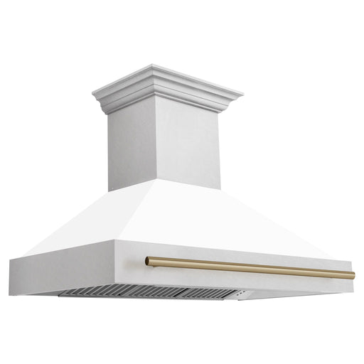 ZLINE Autograph 48 Inch DuraSnow Stainless Steel Range Hood with White Matte Shell and Champagne Bronze Handle 8654SNZ-WM48-CB