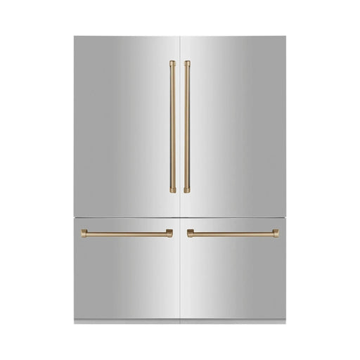 ZLINE Autograph 60 In. 32.2 cu. ft. Built-In 4-Door Refrigerator with Internal Water and Ice Dispenser in Stainless Steel and Bronze Accents, RBIVZ-304-60-CB