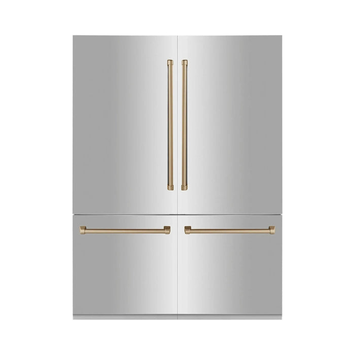 ZLINE Autograph 60 In. 32.2 cu. ft. Built-In 4-Door Refrigerator with Internal Water and Ice Dispenser in Stainless Steel and Bronze Accents, RBIVZ-304-60-CB