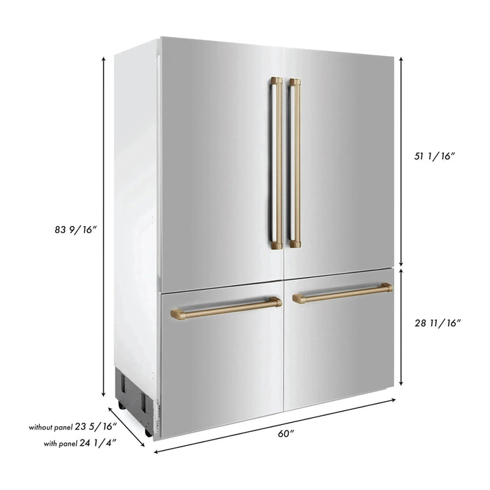 ZLINE Autograph 60 In. 32.2 cu. ft. Built-In 4-Door Refrigerator with Internal Water and Ice Dispenser in Stainless Steel and Bronze Accents, RBIVZ-304-60-CB