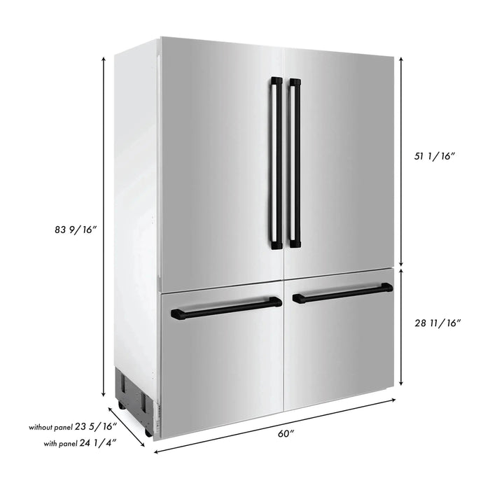 ZLINE Autograph 60 In. 32.2 cu. ft. Built-In 4-Door Refrigerator with Internal Water and Ice Dispenser in Stainless Steel and Matte Black Accents, RBIVZ-304-60-MB