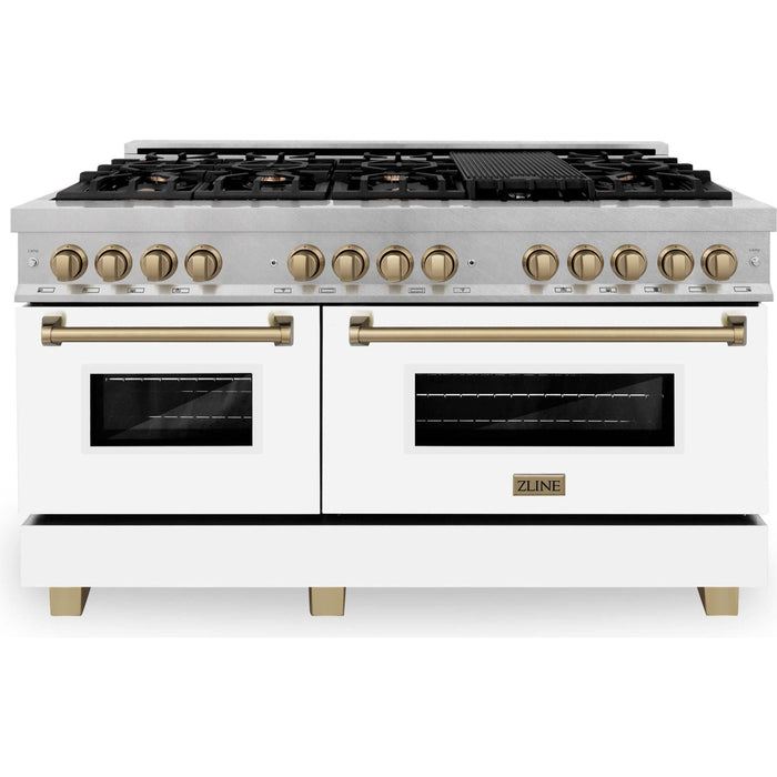 ZLINE Autograph 60 in. 7.6 cu. ft. Range, Gas Stove, Electric Oven in DuraSnow® with White Matte Door and Champagne Bronze Accents, RASZ-WM-60-CB