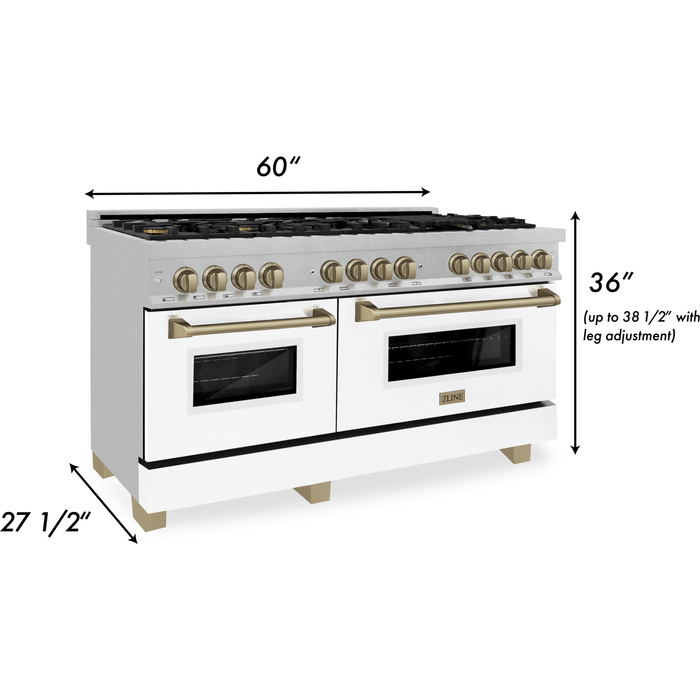 ZLINE Autograph 60 in. 7.6 cu. ft. Range, Gas Stove, Electric Oven in DuraSnow® with White Matte Door and Champagne Bronze Accents, RASZ-WM-60-CB