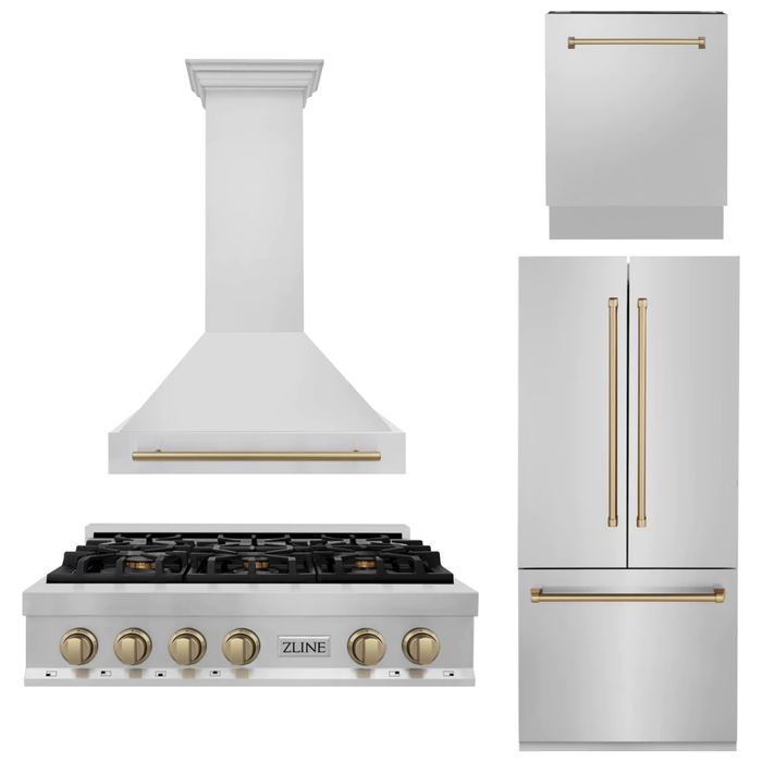 ZLINE Autograph Bronze Package - 36 in. Rangetop, 36 in. Range Hood, Dishwasher, Built-In Refrigerator