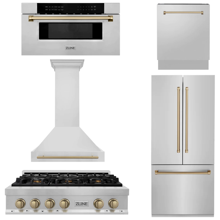 ZLINE Autograph Bronze Package - 36 in. Rangetop, 36 in. Range Hood, Dishwasher, Built-In Refrigerator, Microwave Drawer