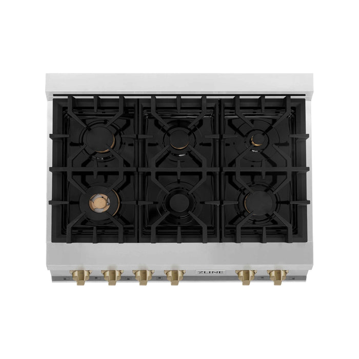 ZLINE Autograph Bronze Package - 36 in. Rangetop, 36 in. Range Hood, Dishwasher, Built-In Refrigerator, Microwave Drawer