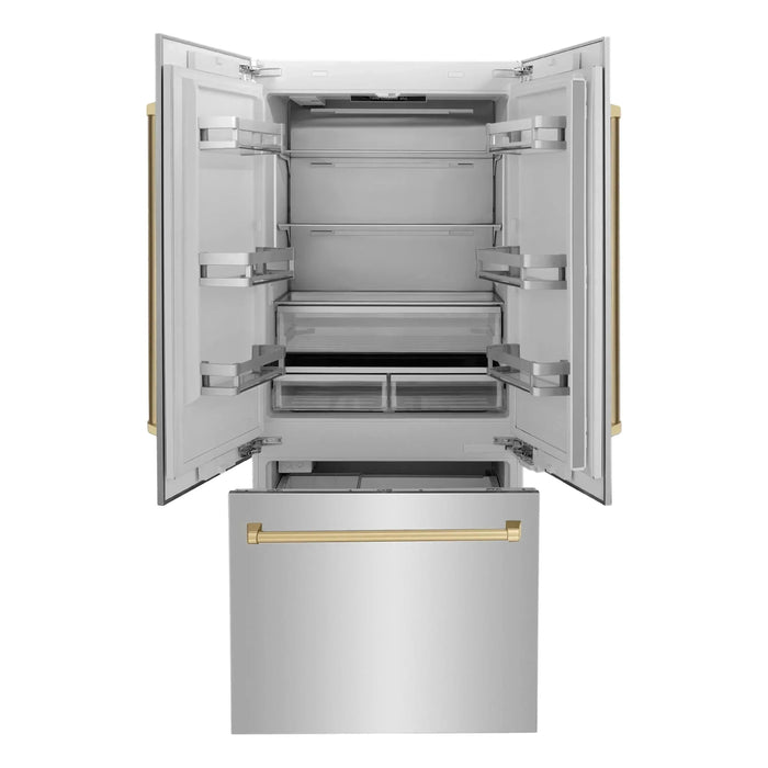 ZLINE Autograph Bronze Package - 36 in. Rangetop, 36 in. Range Hood, Dishwasher, Built-In Refrigerator, Microwave Drawer