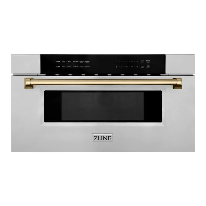 ZLINE Autograph Bronze Package - 36 in. Rangetop, 36 in. Range Hood, Dishwasher, Refrigerator, Microwave Drawer