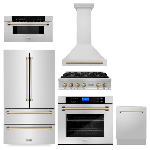 ZLINE Autograph Bronze Package - 36 in. Rangetop, 36 in. Range Hood, Dishwasher, Refrigerator, Microwave Drawer, Wall Oven