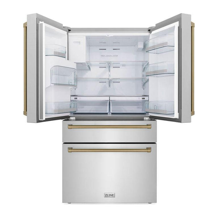 ZLINE Autograph Bronze Package - 36 in. Rangetop, 36 in. Range Hood, Dishwasher, Refrigerator with External Water and Ice Dispenser