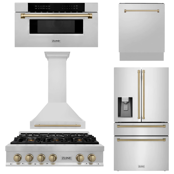 ZLINE Autograph Bronze Package - 36 in. Rangetop, 36 in. Range Hood, Dishwasher, Refrigerator with External Water and Ice Dispenser, Microwave Drawer