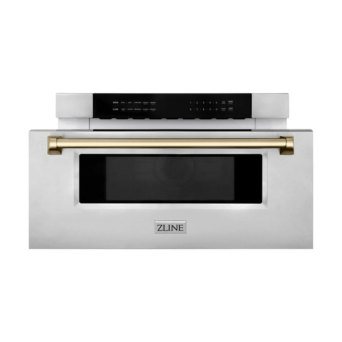 ZLINE Autograph Bronze Package - 36 in. Rangetop, 36 in. Range Hood, Dishwasher, Refrigerator with External Water and Ice Dispenser, Microwave Drawer