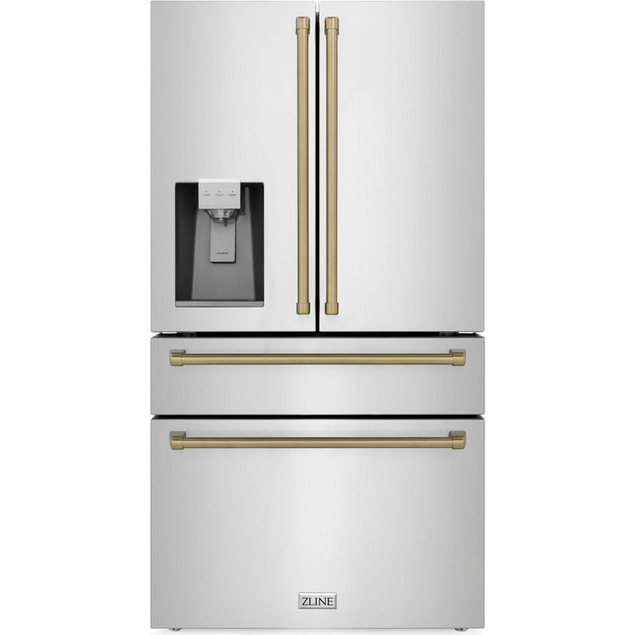 ZLINE Autograph Bronze Package - 36 in. Rangetop, 36 in. Range Hood, Dishwasher, Refrigerator with External Water and Ice Dispenser, Microwave Oven