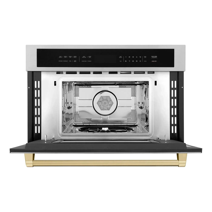 ZLINE Autograph Bronze Package - 36 in. Rangetop, 36 in. Range Hood, Dishwasher, Refrigerator with External Water and Ice Dispenser, Microwave Oven