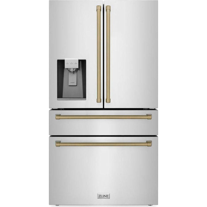 ZLINE Autograph Bronze Package - 36" Rangetop, 36" Range Hood, Dishwasher, Refrigerator with External Water and Ice Dispenser, Microwave Oven, Wall Oven