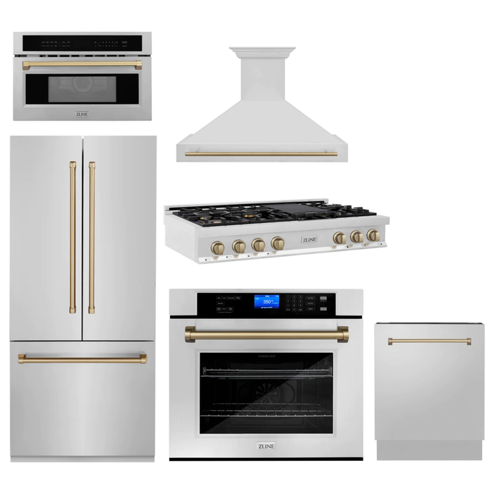 ZLINE Autograph Bronze Package - 48 in. Rangetop, 48 in. Range Hood, Dishwasher, Built-In Refrigerator, Microwave Oven, Wall Oven