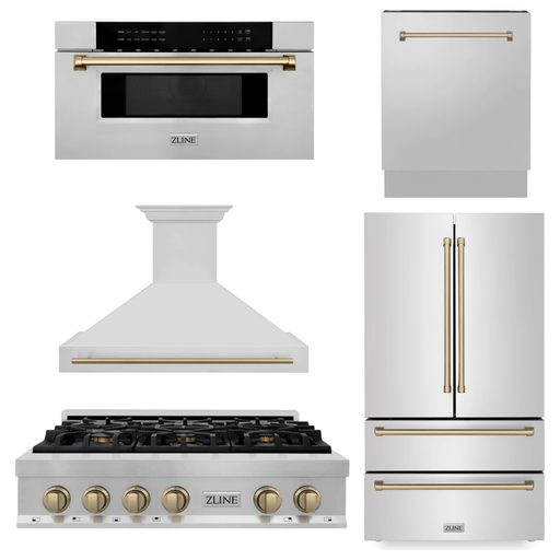 ZLINE Autograph Bronze Package - 48 in. Rangetop, 48 in. Range Hood, Dishwasher, Refrigerator, Microwave Drawer