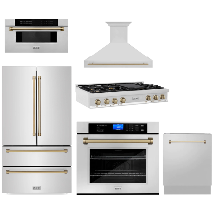 ZLINE Autograph Bronze Package - 48 in. Rangetop, 48 in. Range Hood, Dishwasher, Refrigerator, Microwave Drawer, Wall Oven