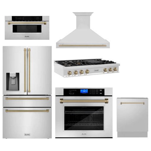 ZLINE Autograph Bronze Package - 48 in. Rangetop, 48 in. Range Hood, Dishwasher, Refrigerator with External Water and Ice Dispenser, Microwave Drawer, Wall Oven