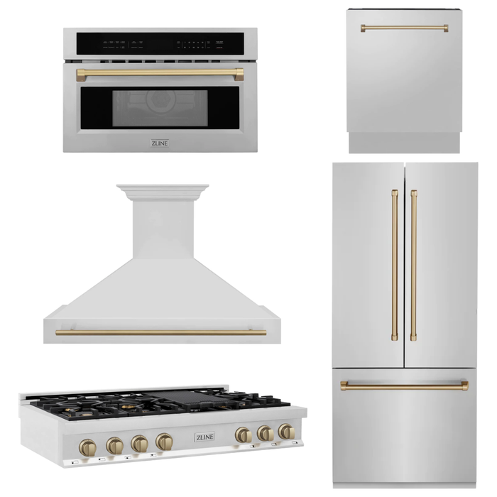 ZLINE Autograph Bronze Package - 48" Rangetop, 48" Range Hood, Dishwasher, Built-In Refrigerator, Microwave Oven