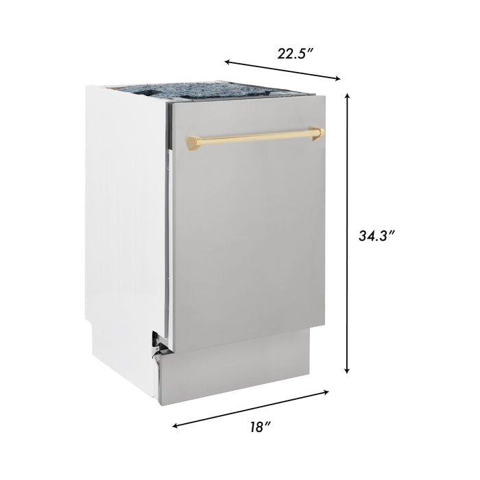 ZLINE Autograph Edition 18 in. Dishwasher in Stainless Steel with Gold Handle, DWVZ-304-18-G