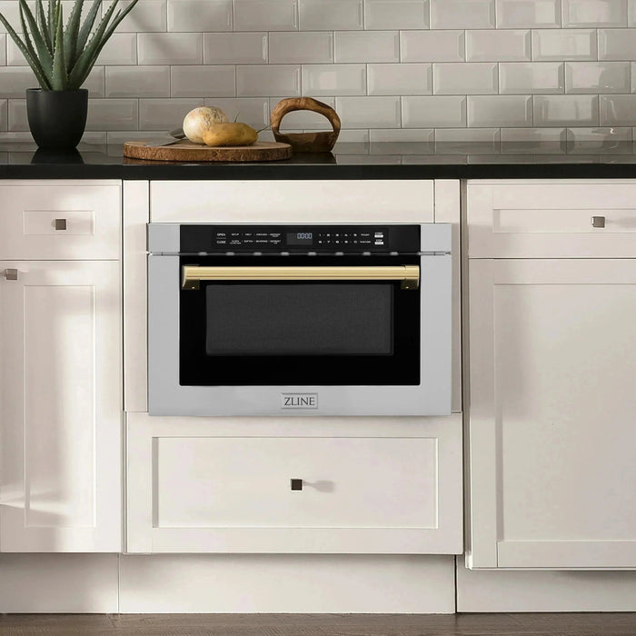 ZLINE Autograph Edition 24" 1.2 cu. ft. Built-in Microwave Drawer with a Traditional Handle In Stainless Steel and Gold Accents MWDZ-1-H-G