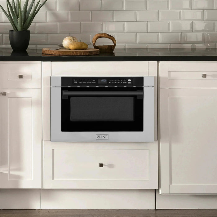 ZLINE Autograph Edition 24" 1.2 cu. ft. Built-in Microwave Drawer with a Traditional Handle in Stainless Steel and Matte Black Accents, MWDZ-1-H-MB