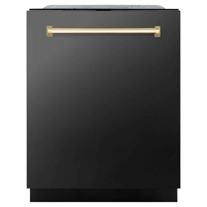 ZLINE Autograph Edition 24 In. 3rd Rack Top Touch Control Tall Tub Dishwasher in Black Stainless Steel with Gold Handle, DWMTZ-BS-24-G