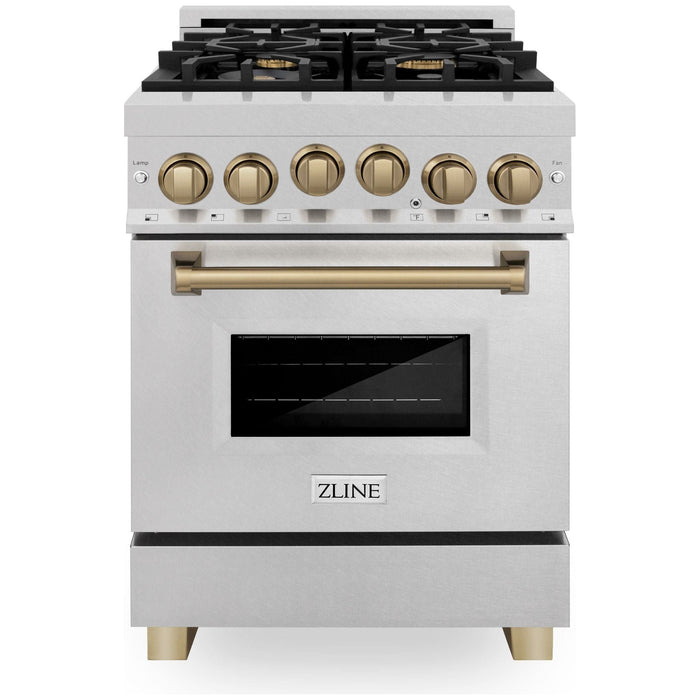 ZLINE Autograph Edition 24 in. Range with Gas Burner and Gas Oven in DuraSnow® Stainless Steel with Champagne Bronze Accents, RGSZ-SN-24-CB