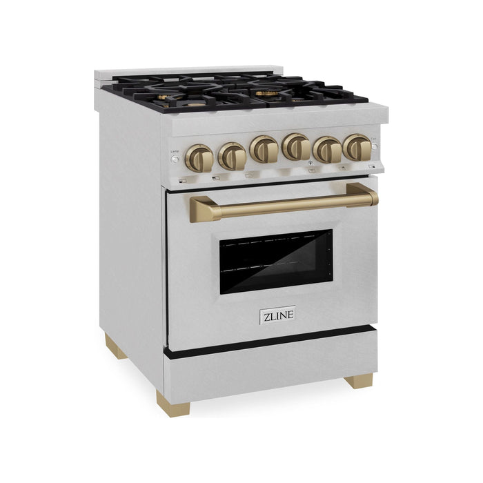 ZLINE Autograph Edition 24 in. Range with Gas Burner and Gas Oven in DuraSnow® Stainless Steel with Champagne Bronze Accents, RGSZ-SN-24-CB