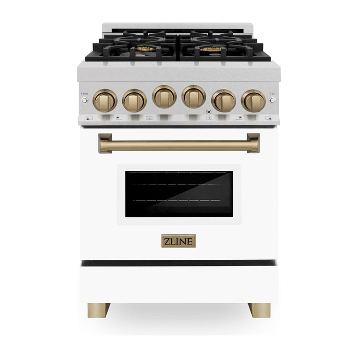 ZLINE Autograph Edition 24 in. Range with Gas Burner and Gas Oven in DuraSnow® Stainless Steel with White Matte Door and Gold Accents, RGSZ-WM-24-CB