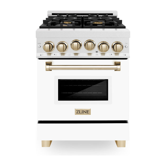 ZLINE Autograph Edition 24 in. Range with Gas Burner and Gas Oven in DuraSnow® Stainless Steel with White Matte Door and Gold Accents, RGSZ-WM-24-G