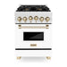 ZLINE Autograph Edition 24 in. Range with Gas Burner and Gas Oven in DuraSnow® Stainless Steel with White Matte Door and Gold Accents, RGSZ-WM-24-G