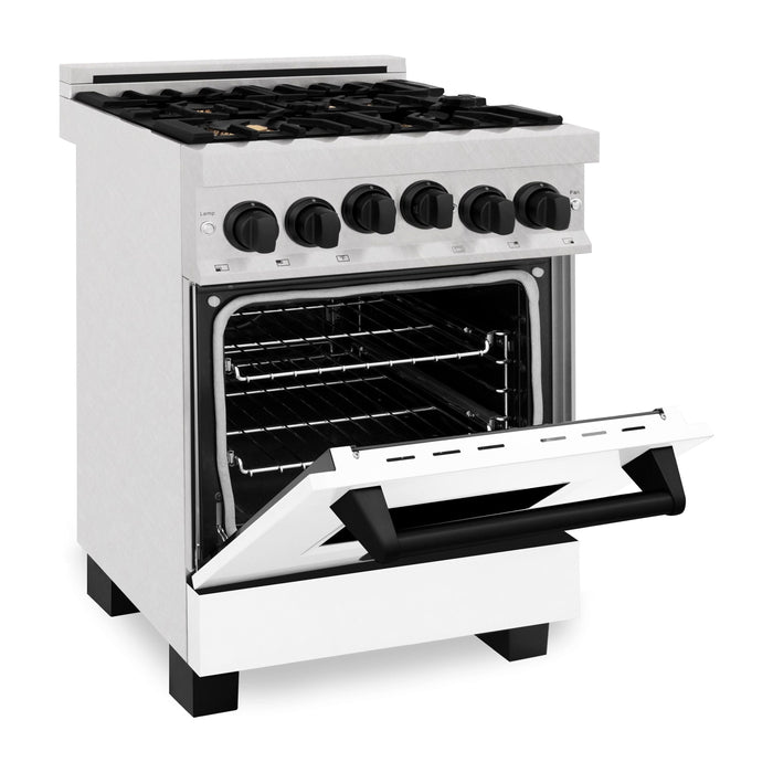 ZLINE Autograph Edition 24 in. Range with Gas Burner and Gas Oven in DuraSnow® Stainless Steel with White Matte Door and Matte Black Accents, RGSZ-WM-24-MB