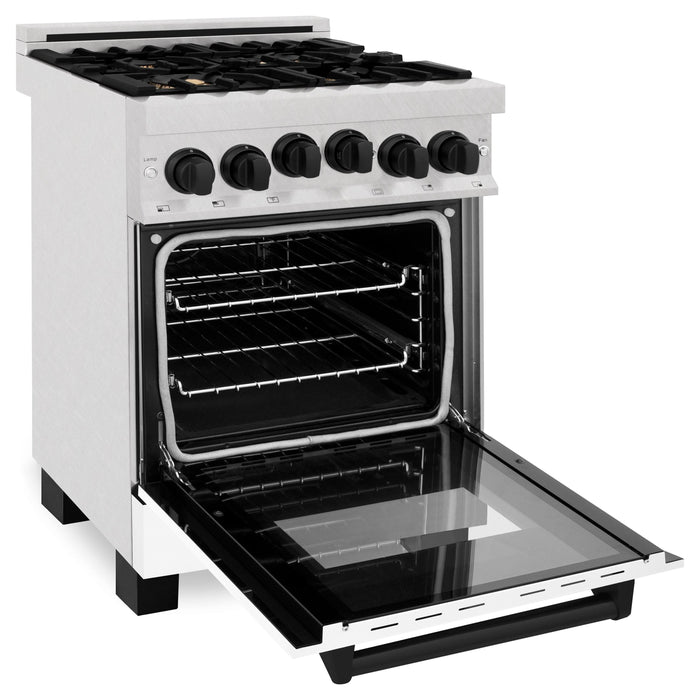 ZLINE Autograph Edition 24 in. Range with Gas Burner and Gas Oven in DuraSnow® Stainless Steel with White Matte Door and Matte Black Accents, RGSZ-WM-24-MB