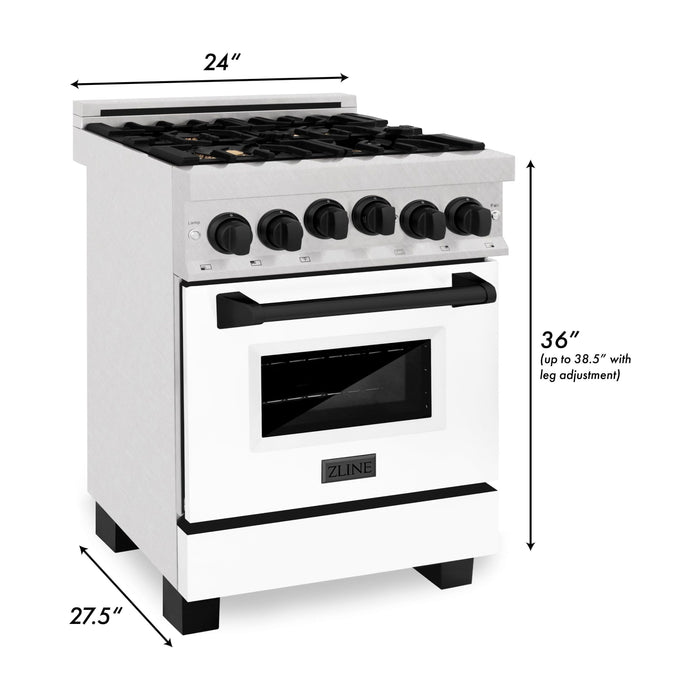 ZLINE Autograph Edition 24 in. Range with Gas Burner and Gas Oven in DuraSnow® Stainless Steel with White Matte Door and Matte Black Accents, RGSZ-WM-24-MB