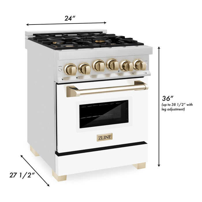 ZLINE Autograph Edition 24 in. Range with Gas Burner and Gas Oven in Stainless Steel with White Matte Door and Gold Accents, RGZ-WM-24-G