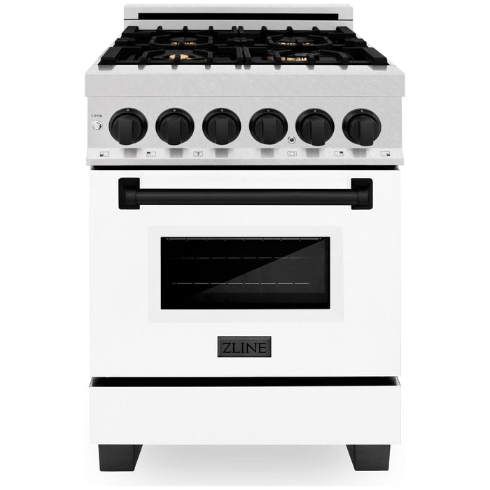 ZLINE Autograph Edition 24 in. Range with Gas Stove and Electric Oven In DuraSnow with White Matte Door and Matte Black Accents RASZ-WM-24-MB