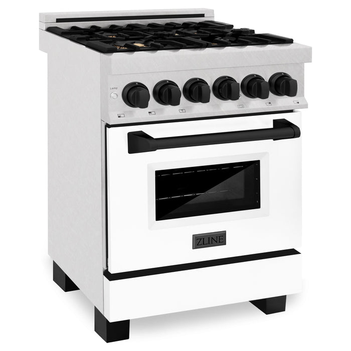 ZLINE Autograph Edition 24 in. Range with Gas Stove and Electric Oven In DuraSnow with White Matte Door and Matte Black Accents RASZ-WM-24-MB