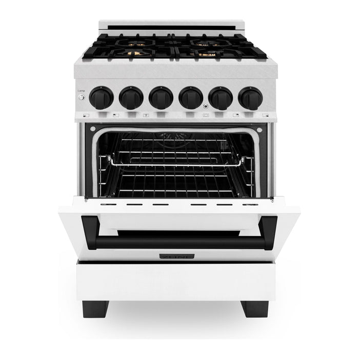 ZLINE Autograph Edition 24 in. Range with Gas Stove and Electric Oven In DuraSnow with White Matte Door and Matte Black Accents RASZ-WM-24-MB